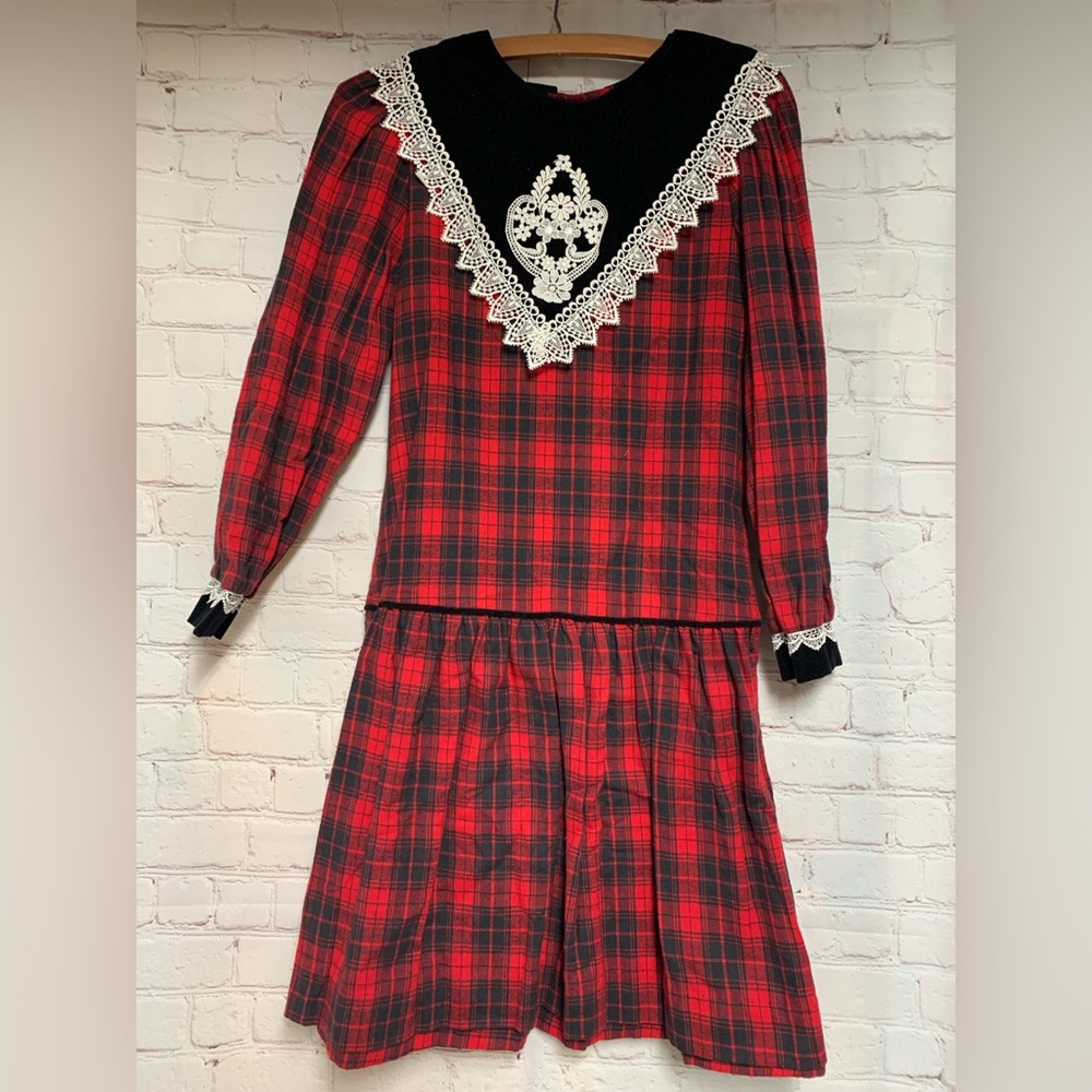 Vintage Jo Lene Victorian Christmas Red Plaid Drop Waist Dress Size 12 USA